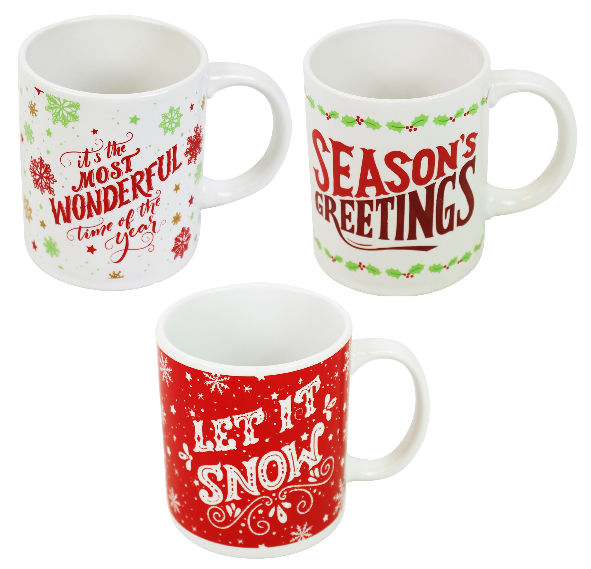 Set of 3 Christmas Ceramic Mugs Cups Print Xmas Design Snow Seasons ...