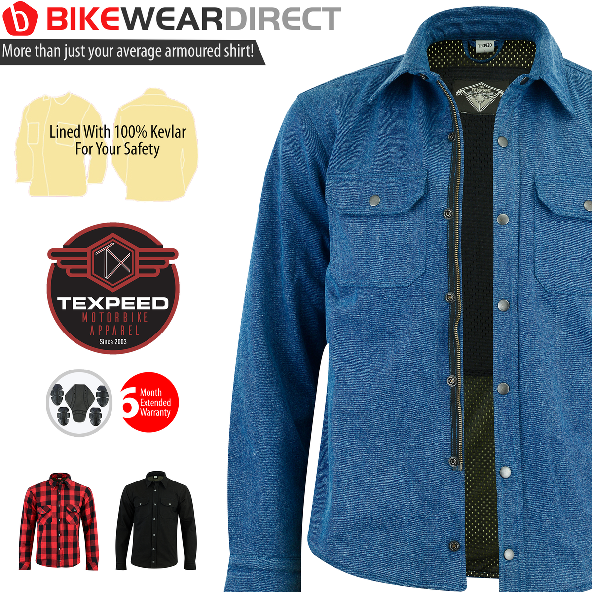 3 Colours Mens Texpeed Kevlar Lined//Armoured Motorcycle//Motorbike Shirt