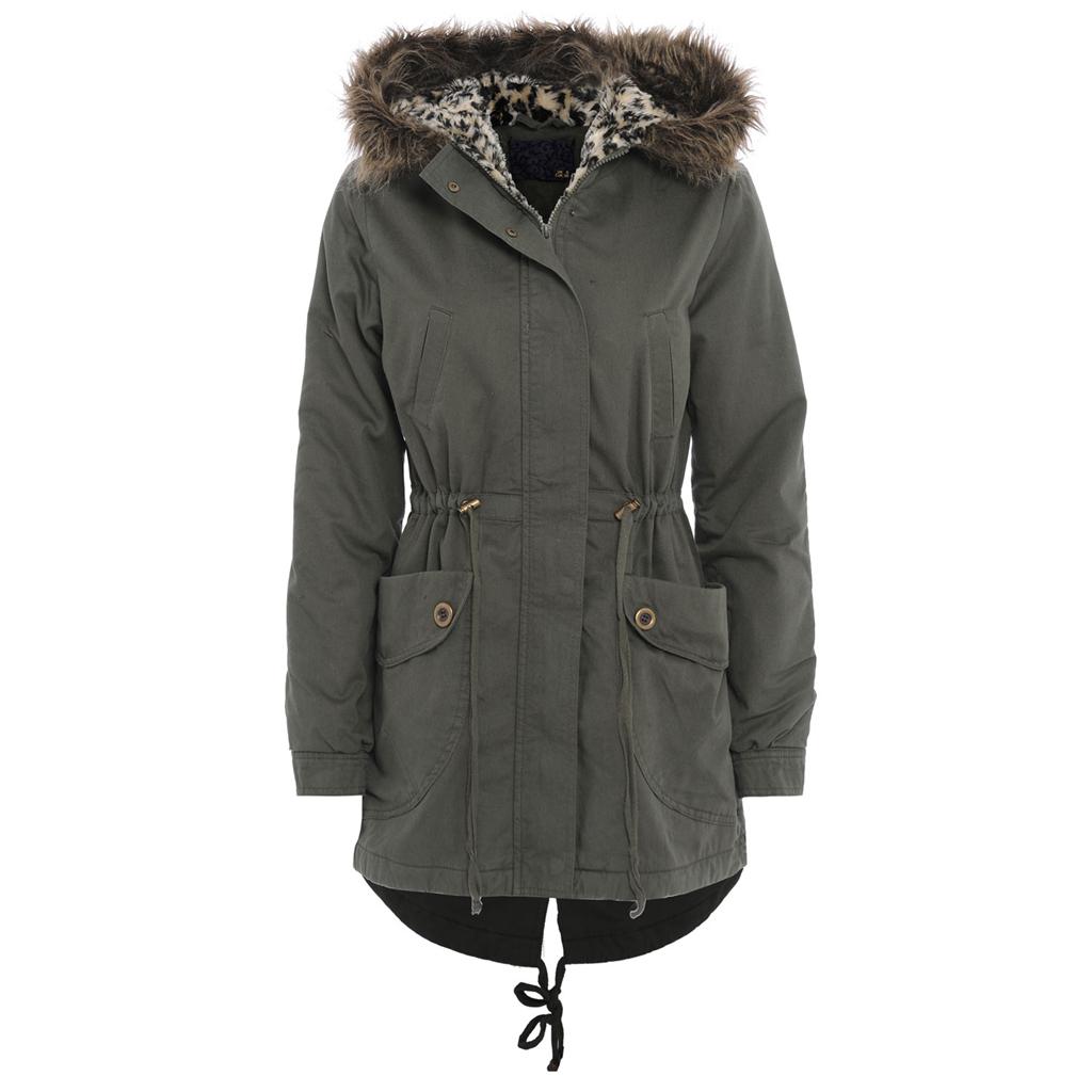 Womens Ladies Military Leopard Print Faux Fur Lined Hooded Parka Jacket ...