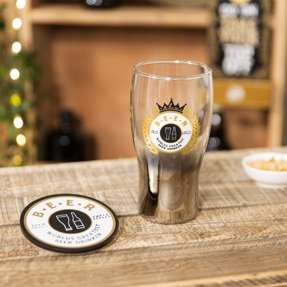Brewmaster Worlds Greatest Beer Drinker Pint Glass & Coaster Gifts