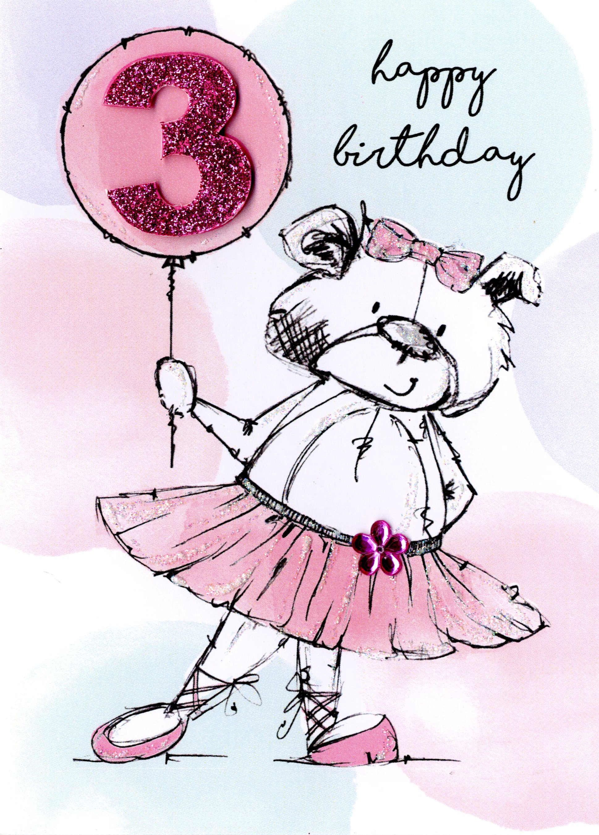 Scribble Bear Girls 3rd Birthday Greeting Card | Cards