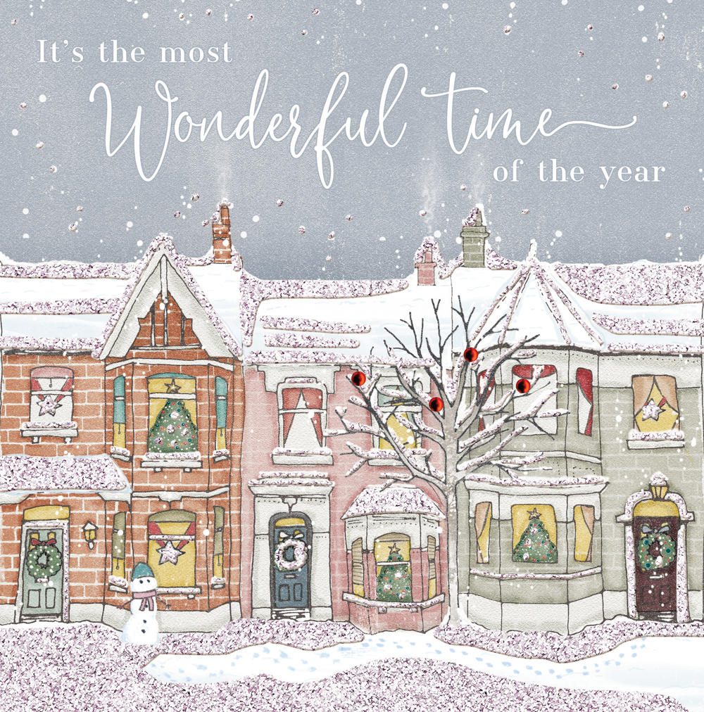 Snowy Street Scene Glitter Finished Christmas Greeting Card | Cards