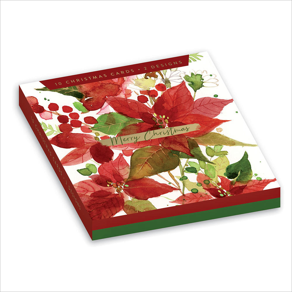 Box of 10 Christmas Cards In Poinsettia & Holly Designs Cards