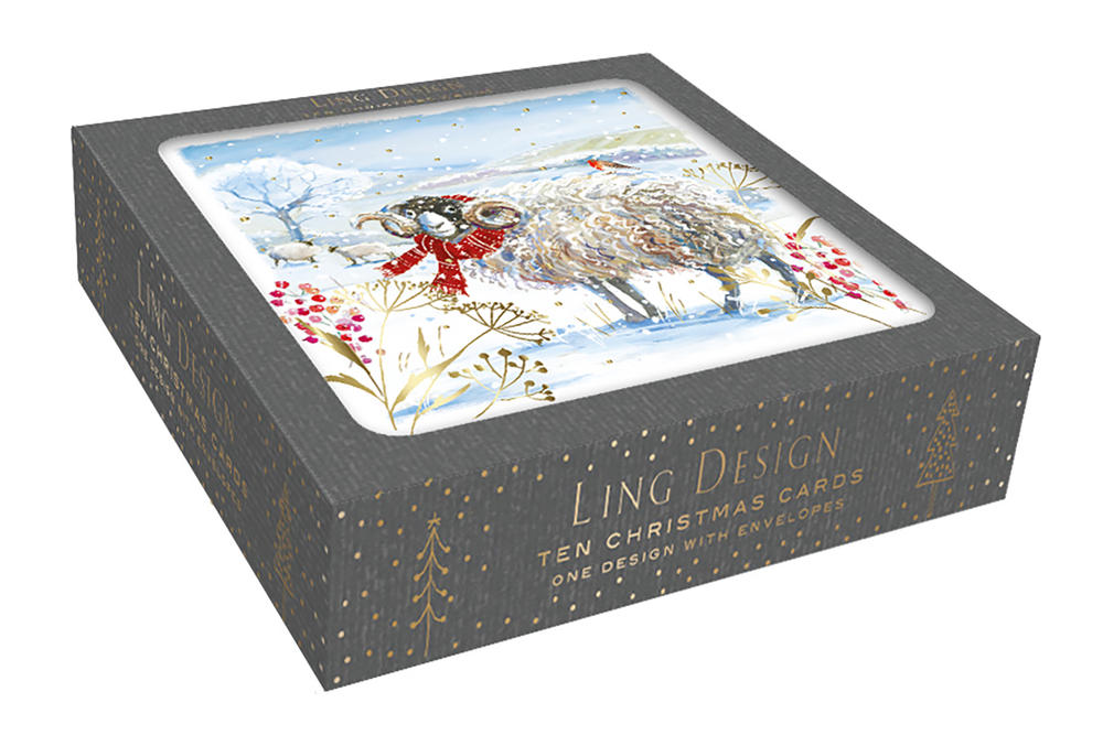 Box of 10 Festive Ram & Robin Gold Foiled Christmas Cards Cards