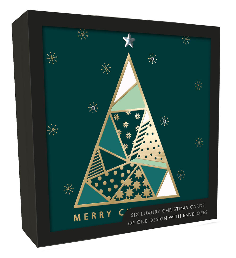 Box of 6 Gold Geometric Tree Luxury HandFinished Christmas Cards Cards