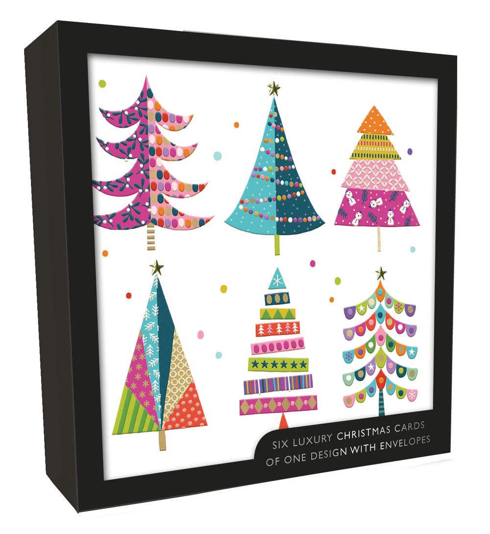Box of 6 Colourful Xmas Trees Luxury HandFinished Christmas Cards Cards