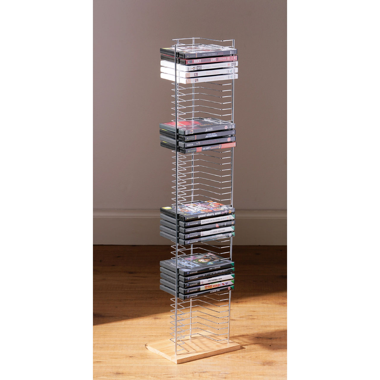 Wood Base DVD Rack Tower Chrome Holds up to 50 DVDs | eBay