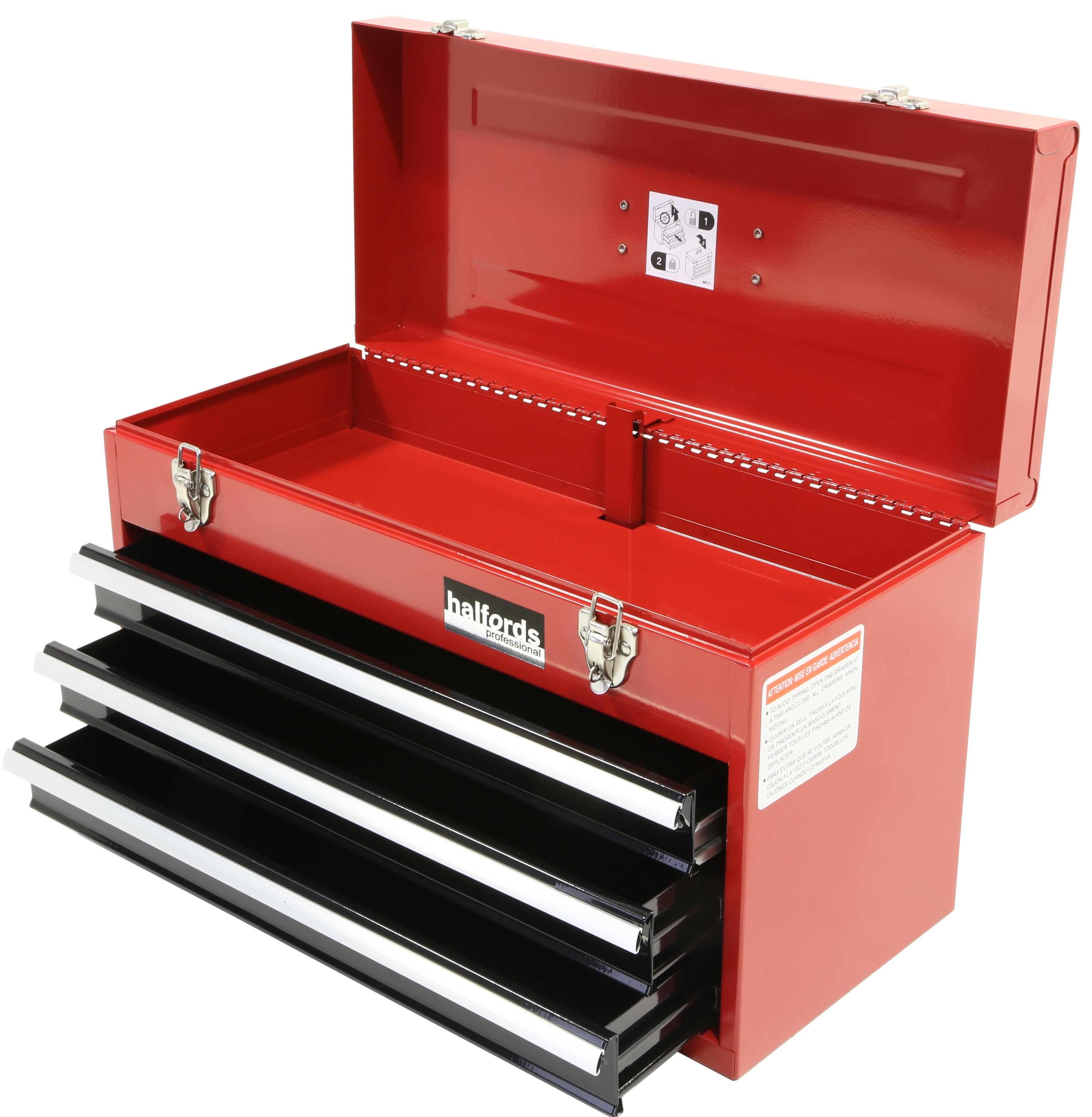 Halfords Professional Tool Chest Red 3 Drawer Metal Portable Friction ...