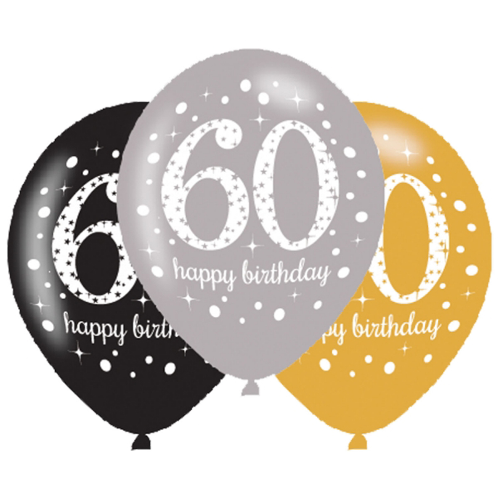 6 X 60th Birthday Balloons Black Silver Gold Party Decorations Age