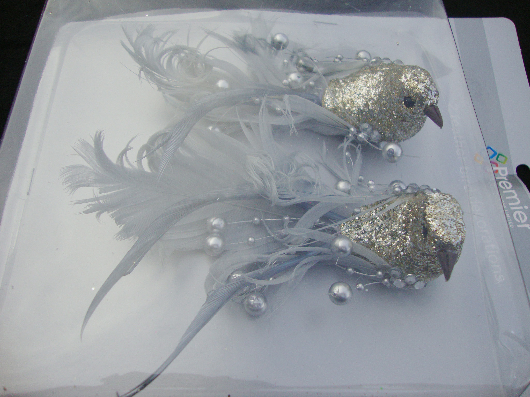 2 X Clip Plata/Oro Brillo Pluma Pájaros Árbol De Navidad Decoración de
