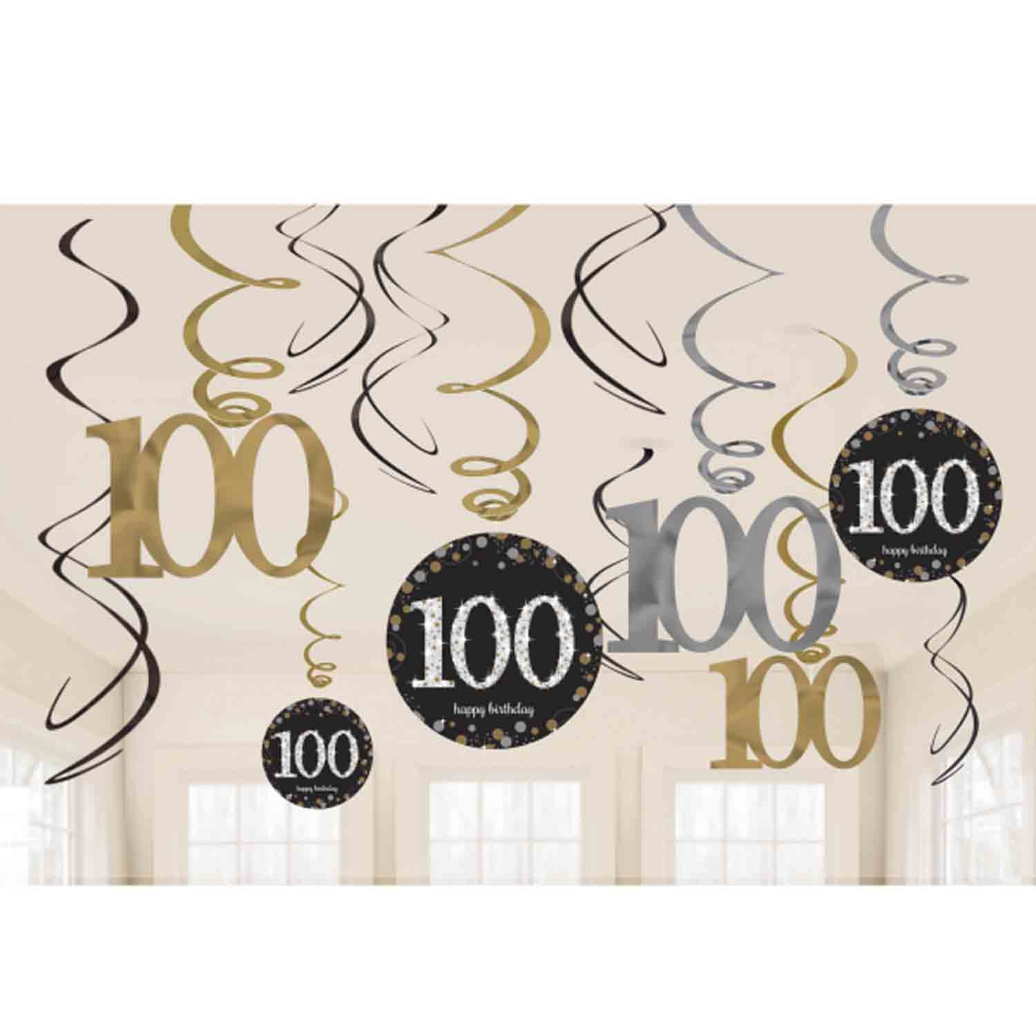 12 x 70th Birthday Hanging Swirls Black Silver Gold Party Decorations Age 70