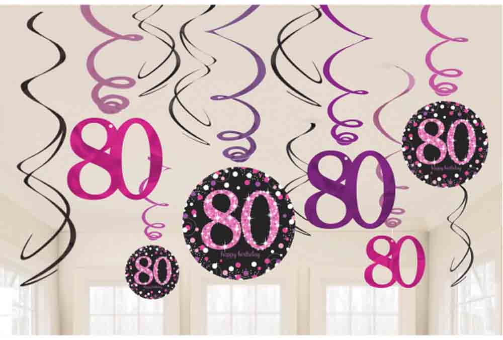 12 x 80th Birthday Hanging Swirls Black /& Pinks Party Decorations Age 80 Party
