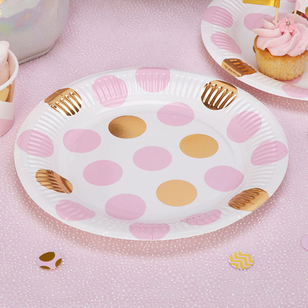 8 X Pink Gold Polka Dot Paper Plates Baby Shower Tea Party Hen 8 X Pink Gold Polka Dot Paper Plates Baby Shower Tea Party Hen Wedding