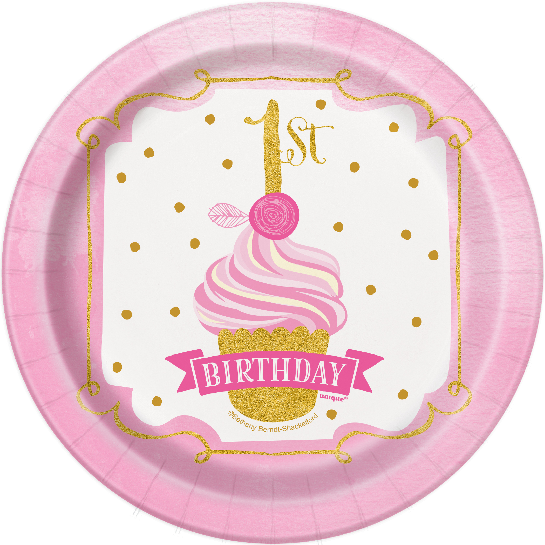 8 x 1st Birthday Pink & Gold Paper Party Plates Girls Age 1 Party