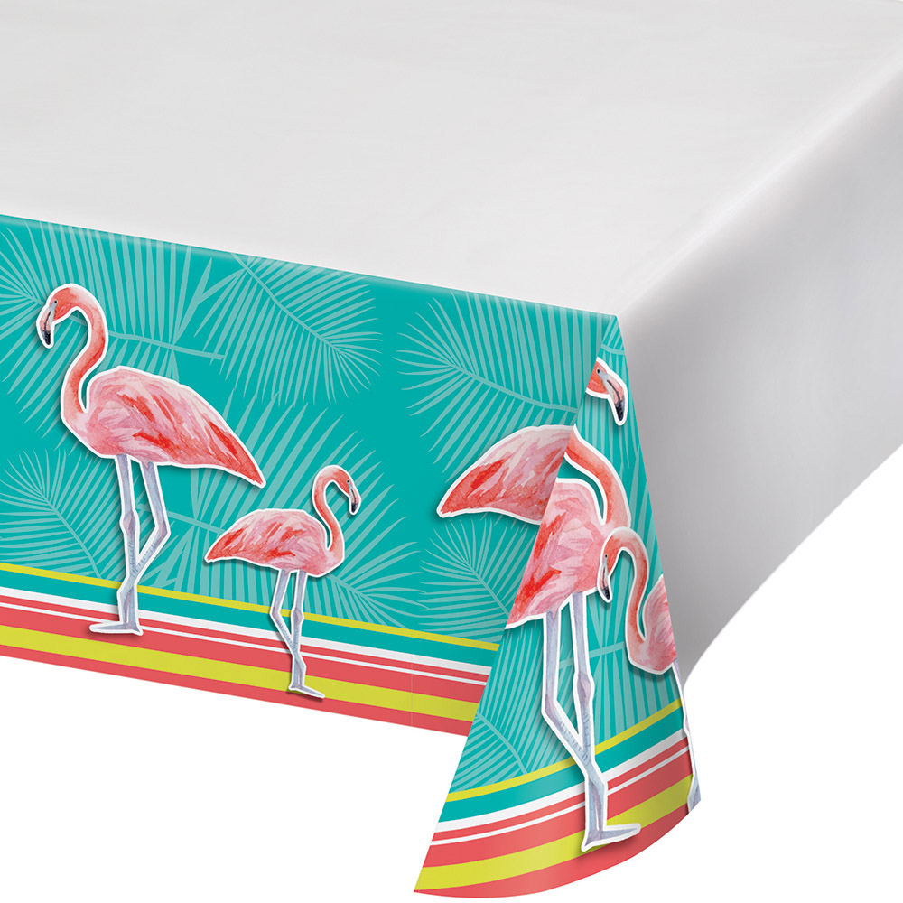 32ft Tropical Hawaiian Beach Flamingo Flannel Backed Tablecover Party Decoration