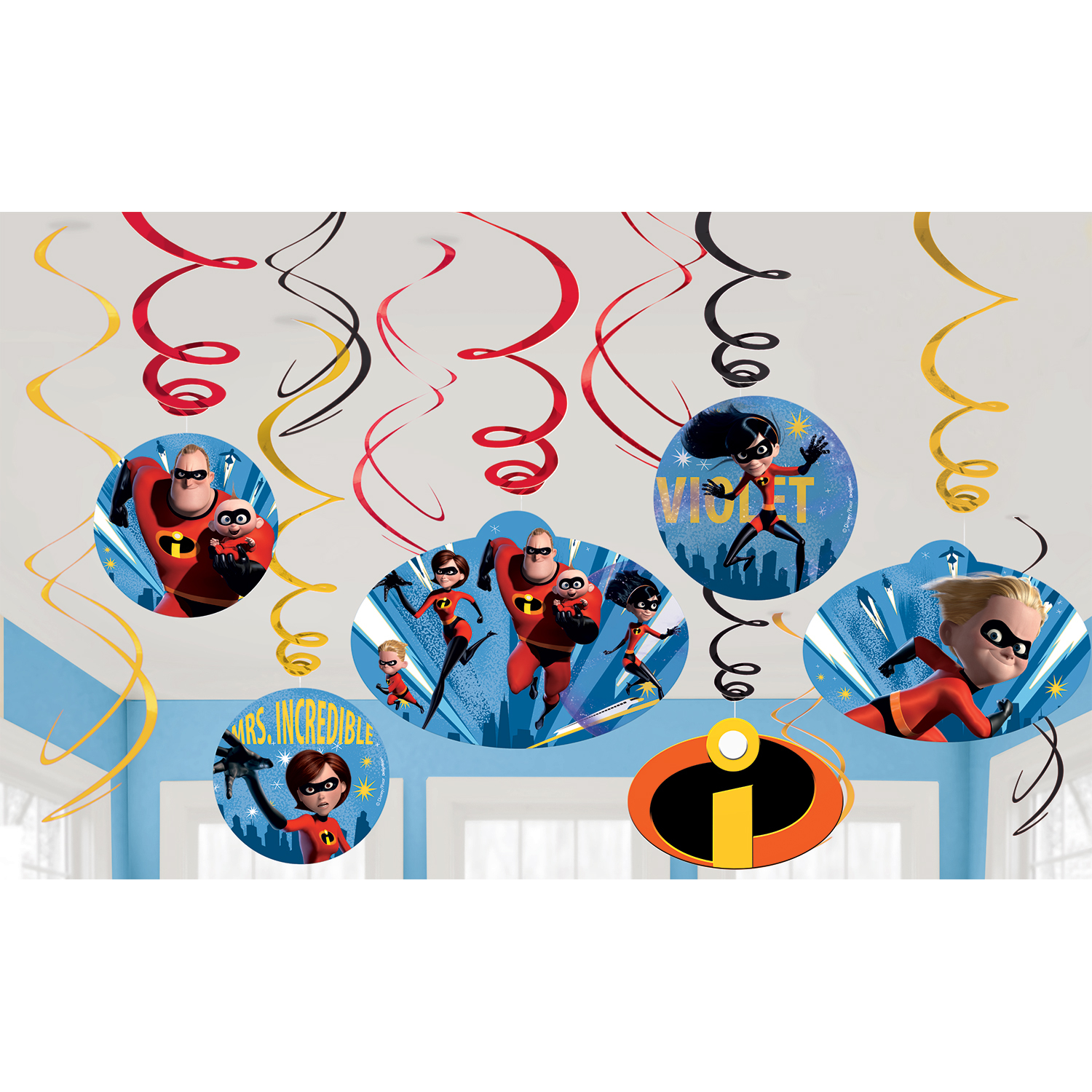 12 X The Incredibles Hanging Swirls Birthday Party Decorations