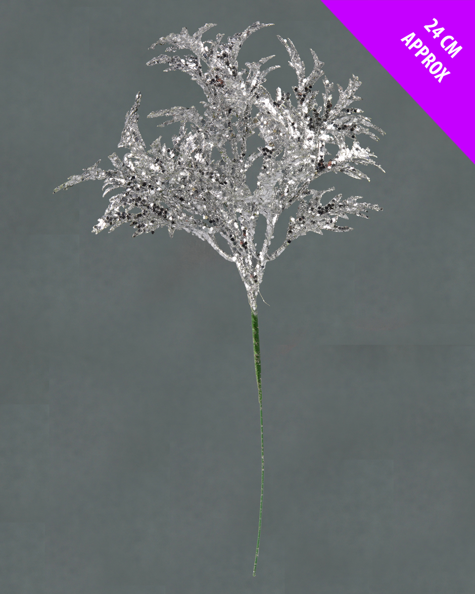 6 Christmas Silver Glitter Fern Pick Christmas Tree Decorations Wreath