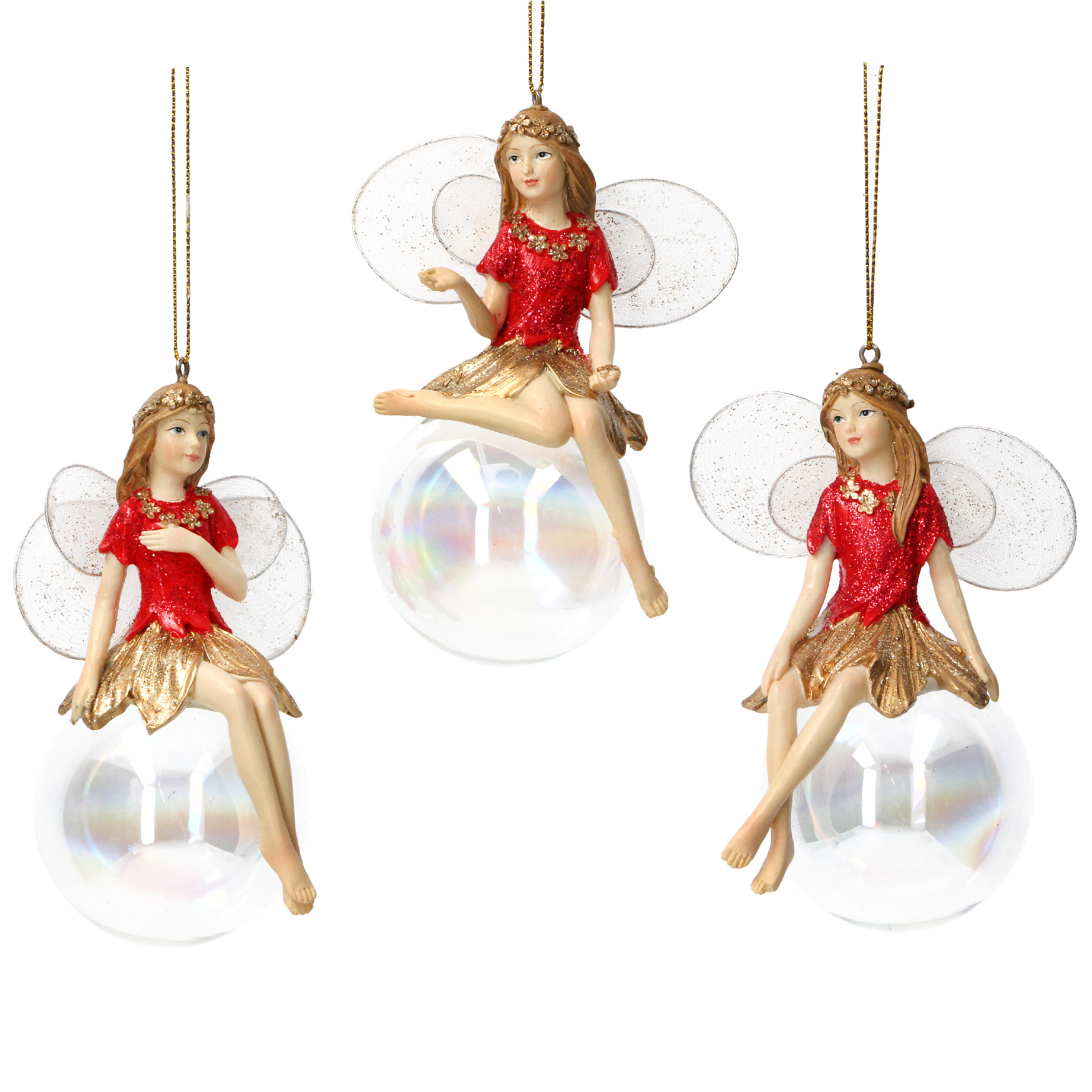 Gisela Graham Set 3 Red /& Gold Fairies on soap bubble Hanging Christmas 16998