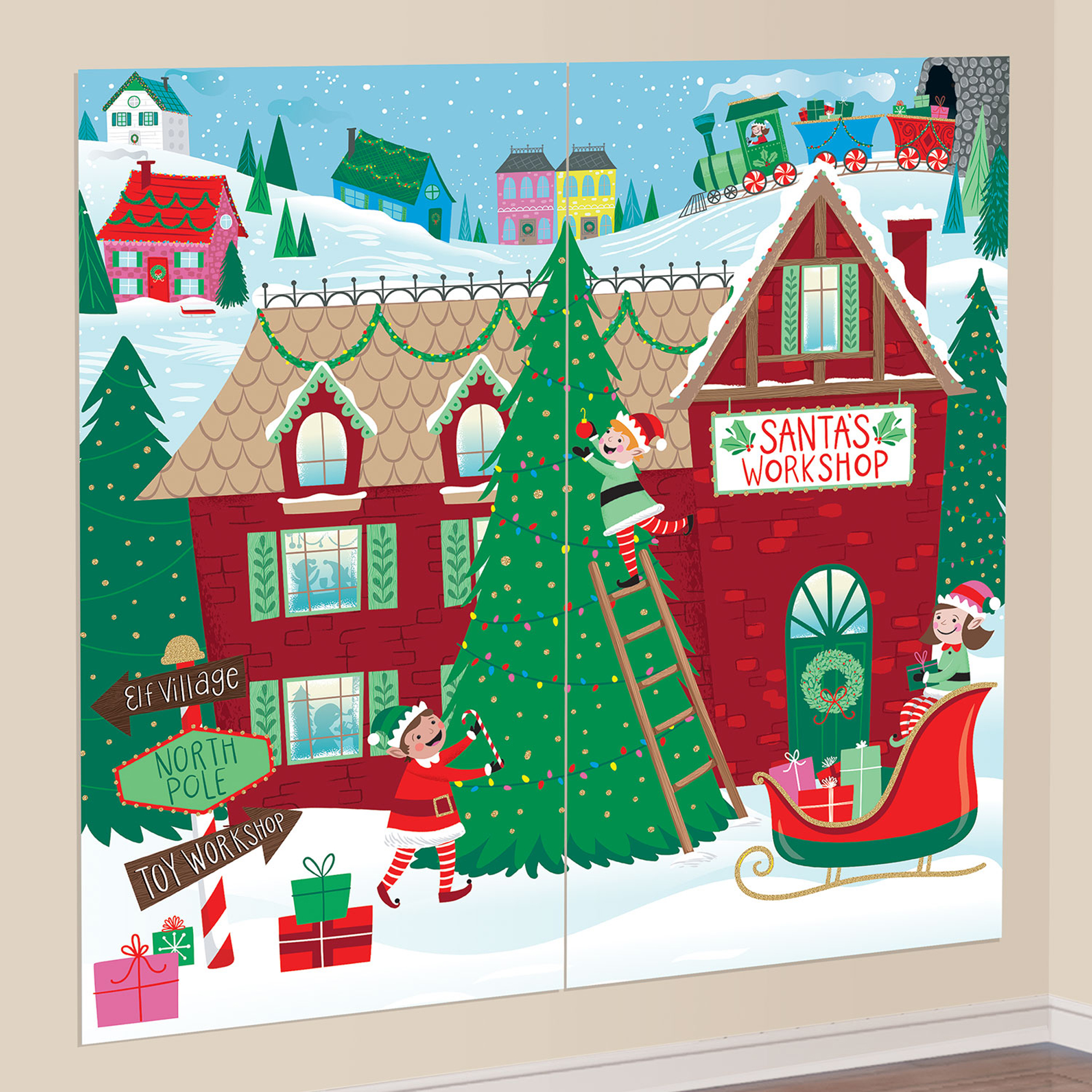 Santa's Workshop Large Christmas Wall Scene Setter Backdrop Party ...