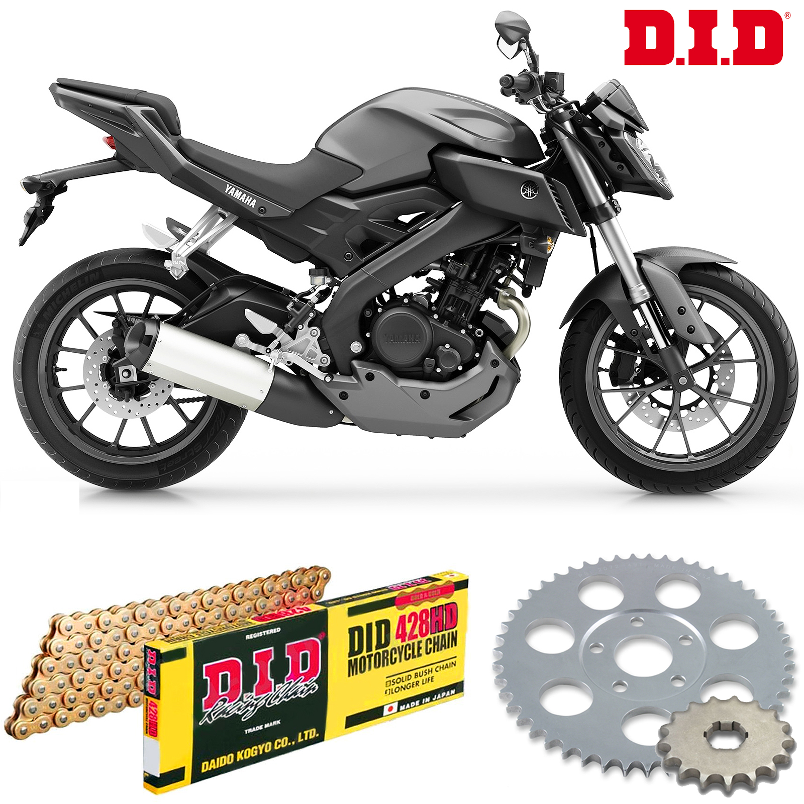 DID Heavy Duty Gold Chain & JT Sprocket Upgrade Kit Yamaha MT125 (ABS