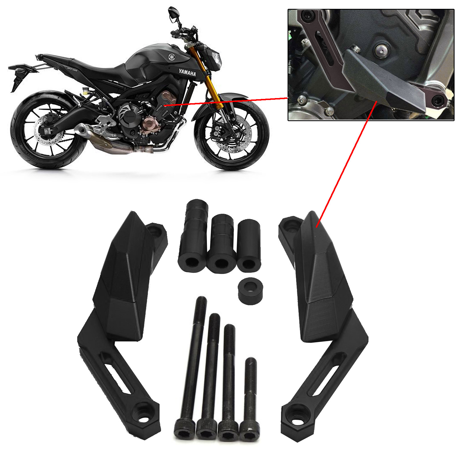 Yamaha MT09 Frame Guards Crash Post Slider Mushrooms Bobbins Black