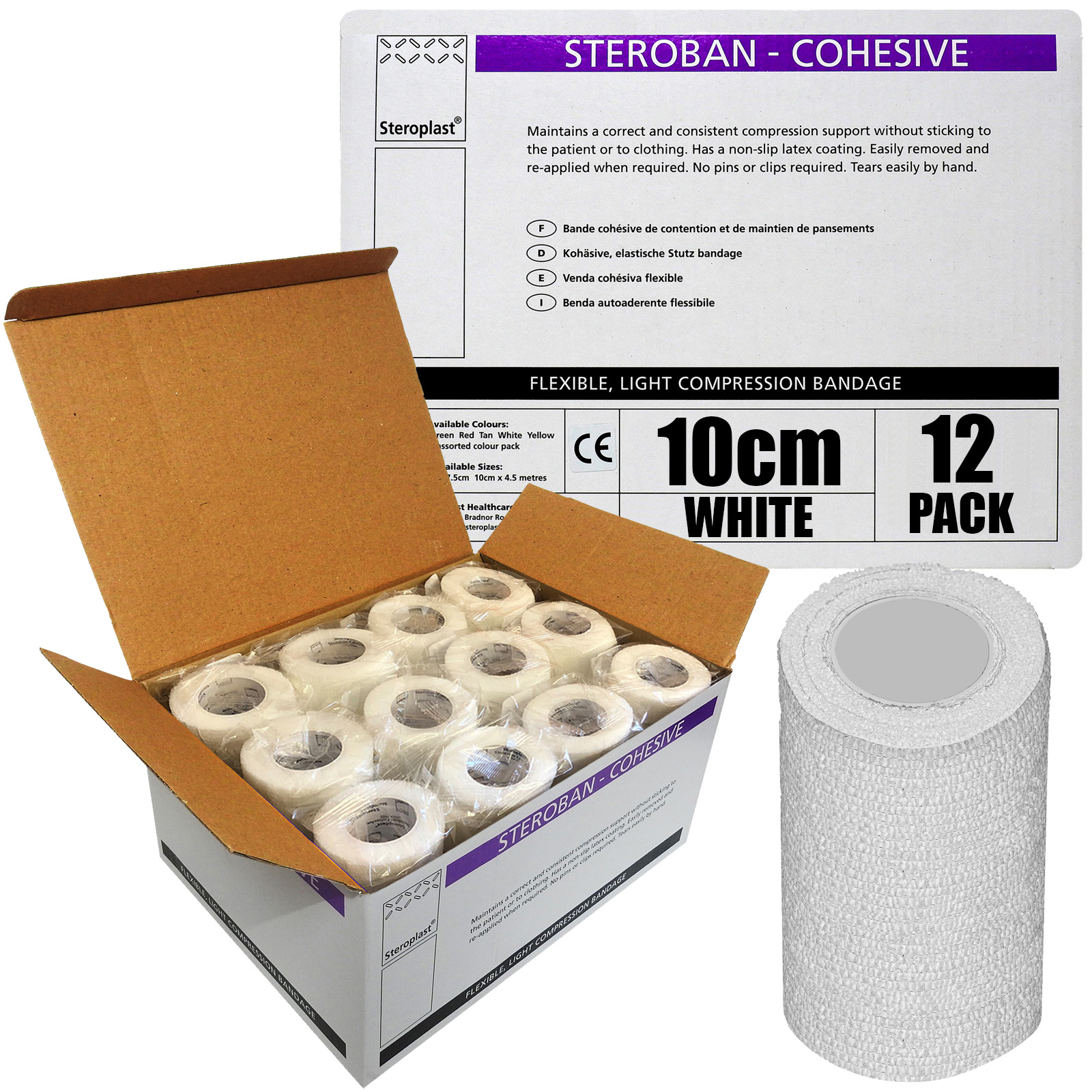 Full Box Large 10cm White Steroplast Cohesive Bandage First Aid Wrap, 12 Rolls 8438590968936 eBay