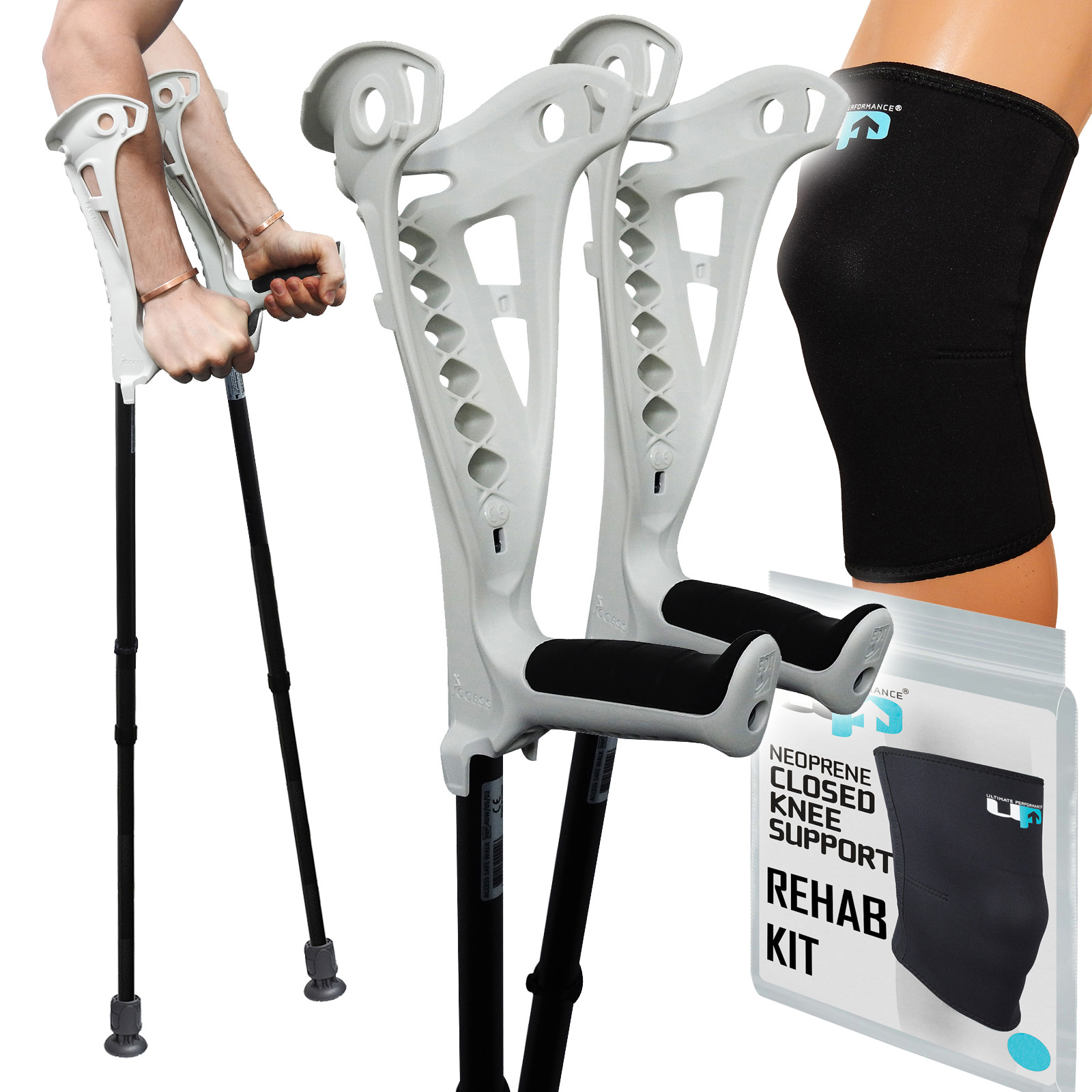 FDI Knee Rehab Kit, Premium White Crutches Pair + 1 Neoprene Knee