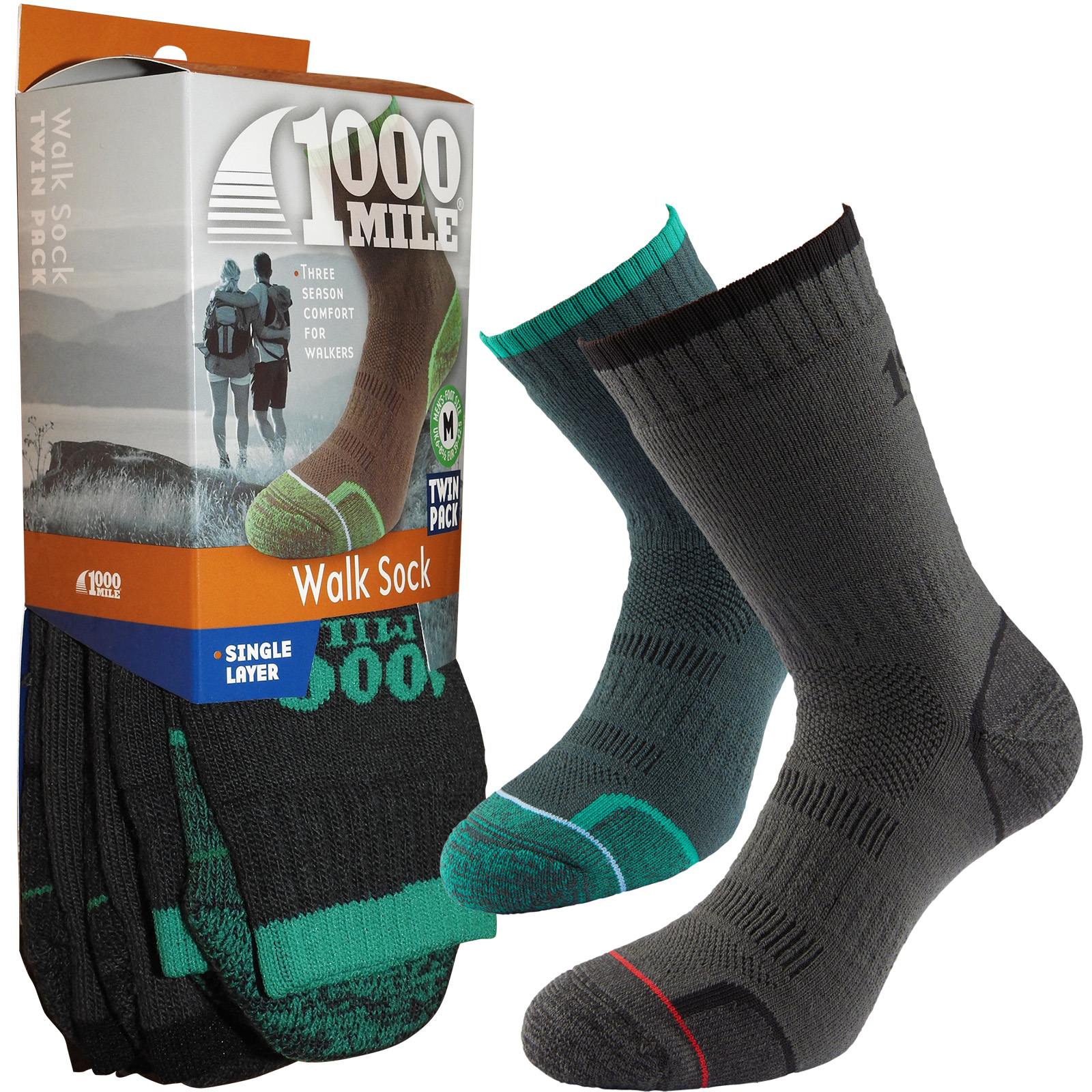 1000 Mile Walking 3 Season Outdoor Hiking Single Layer Socks Mens Twin