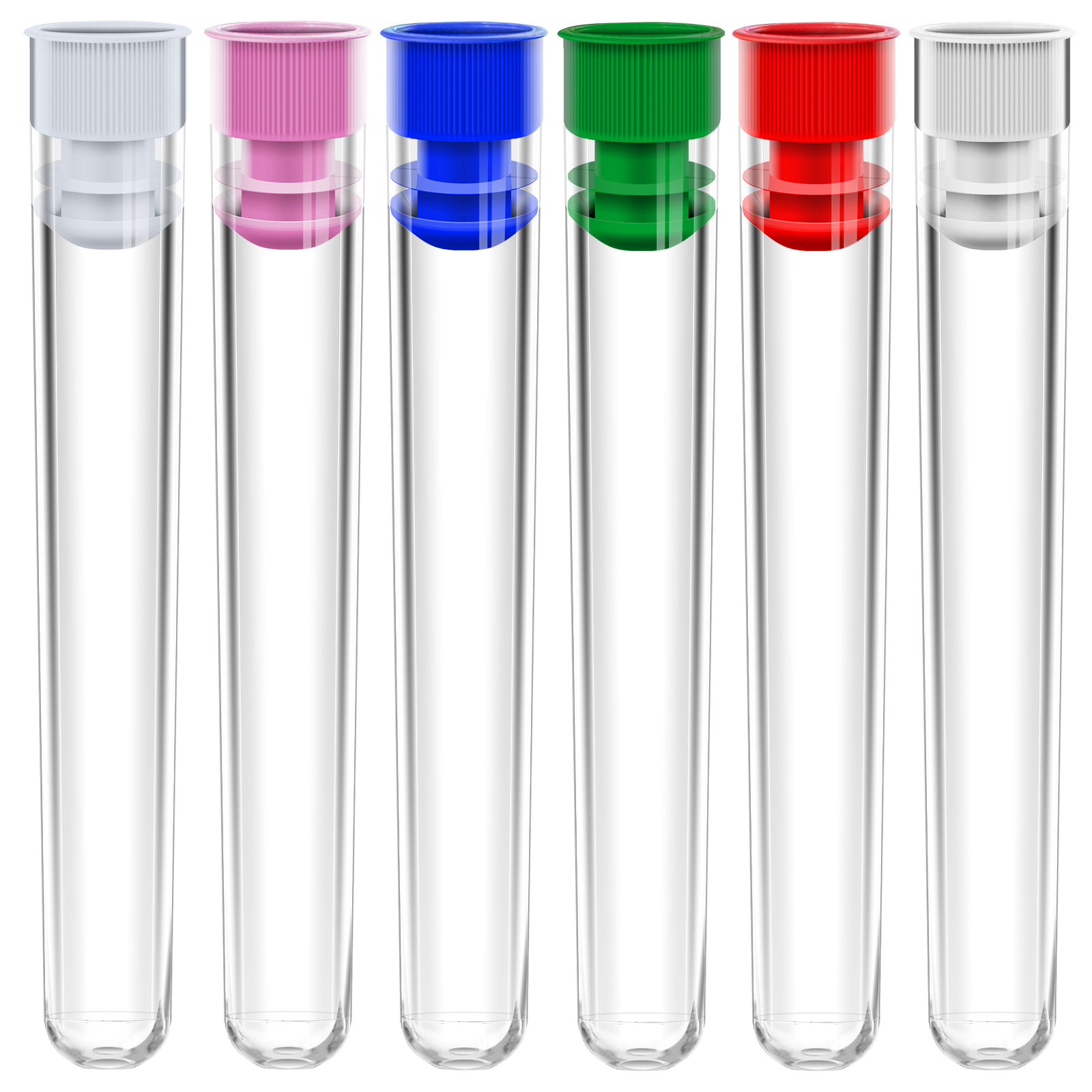 REGEN Clear Plastic Test Tube Vials 12mm 16mm + Push Cap Plugs Lids, 6