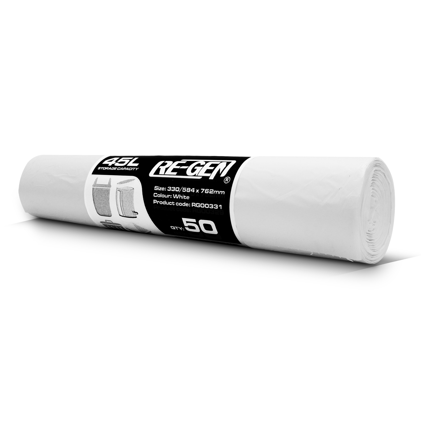 RE-GEN 45L Heavy Duty White Swing Bin Liners – 100 Pack, Strong Waste Bags For Kitchen/Office