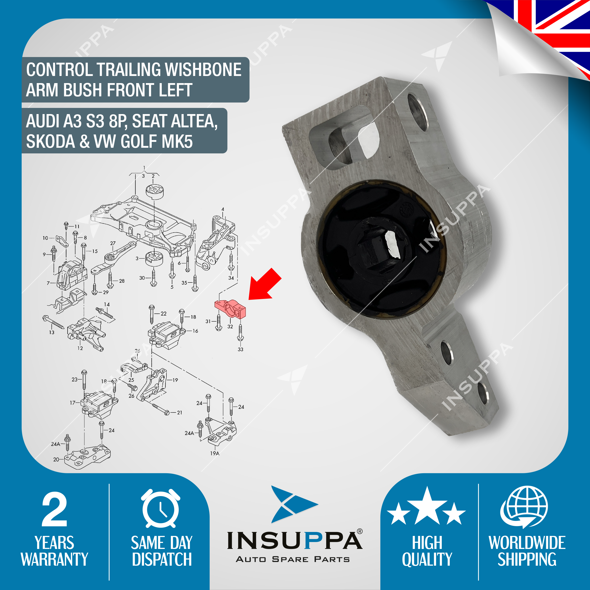 Control Trailing Wishbone Arm Bush Bracket Front Left For Audi Seat Skoda Vw